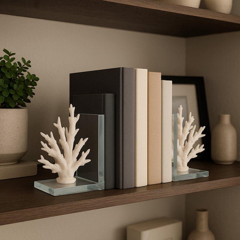"Decorative Coral Accent on Glass Base Bookends - Modern Coastal Inspired Book Ends for Bookshelf, Desk, or Home Decor - Set of 2, 7"", White "