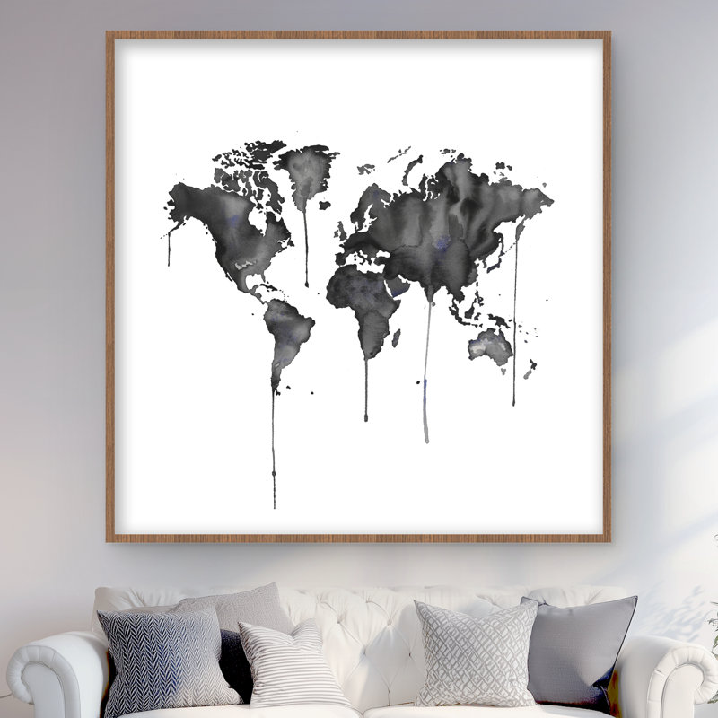 Watercolor World Map - impression encadrée en noir et blanc pour la décoration