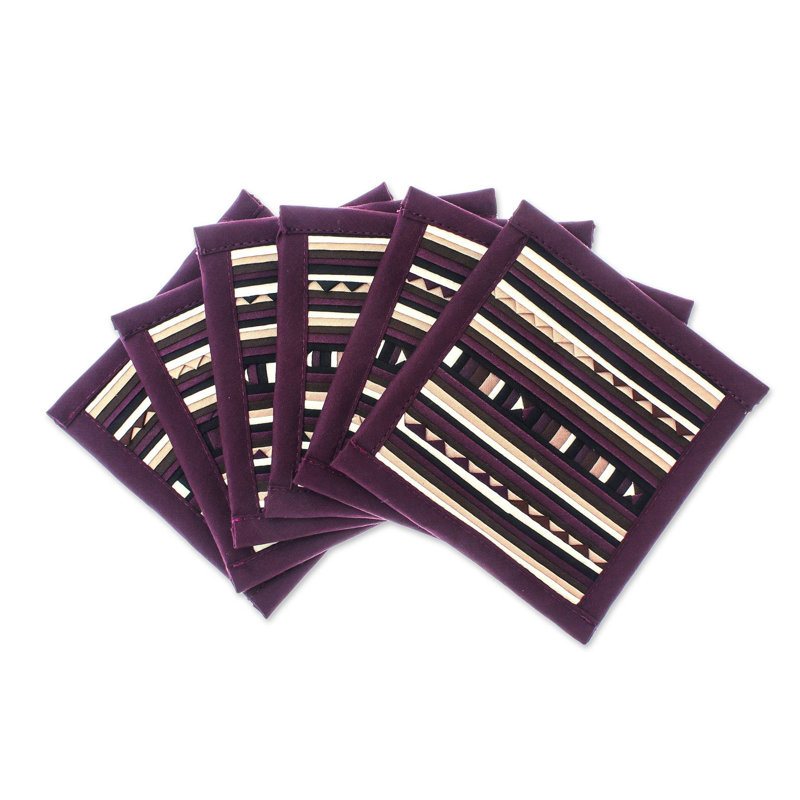 Lahu Cotton Square 6 Piece Coaster Set, Purple/White