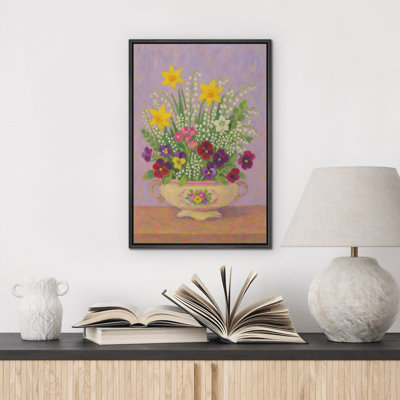 Bouquet de fleurs printanières dans un vase décoratif, art mural encadré - Nature morte florale lumineuse pour la cuisine ou le couloir - Décoration joyeuse
