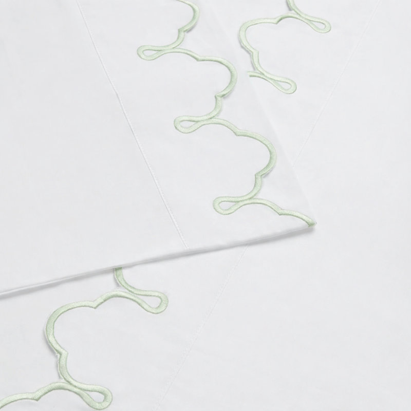Scalloped 100% Cotton Standard Sheet Set, Full/Double Sheet Set, White Green