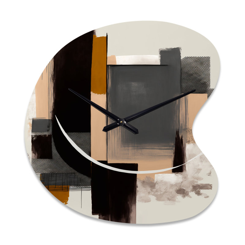 Warm Watercolor Abstract II - Horloge murale abstraite en forme unique en métal, impression d'horloge asymétrique noire