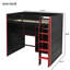Lit mezzanine en bois avec bureau, garde-robe ouverte, compartiments de rangement et lumières RVB-1913673992