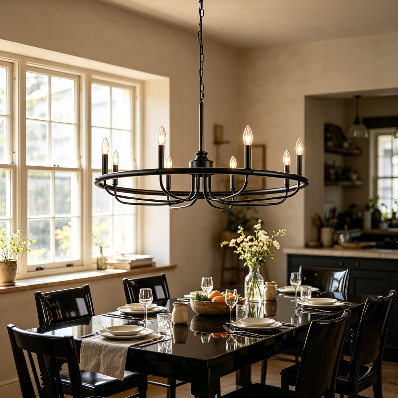 Annasha 8 - Light Black Dimmable Candle Style Round Wagon Wheel Chandelier, Industrial Dining Room Chandelier Modern Kitchen Lighting-33.86"W x 78.74"H