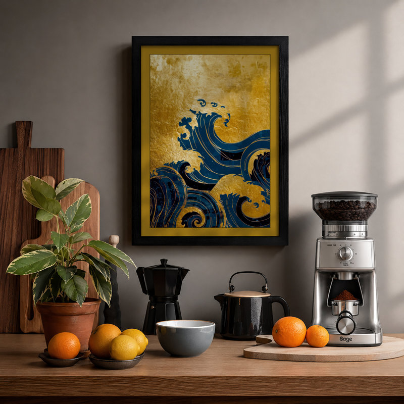 Golden Wave Japandi - Framed Print, A1 - 84.1 x 59.4 cm, Black