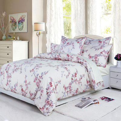 800TC 100% Egyptian Cotton Duvet Cover Set,3pcs Vintage Bird and Watercolor Floral in Light Pink Shabby Chic Bedding Set, Aesthetic Botanical Pattern