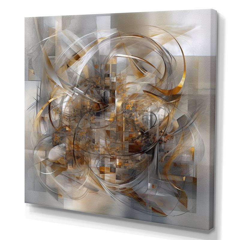 Encre liquide grise et dorée captivante - art abstrait marbre, H 16 po x l 16 po x P 1 po, Toile tendue
