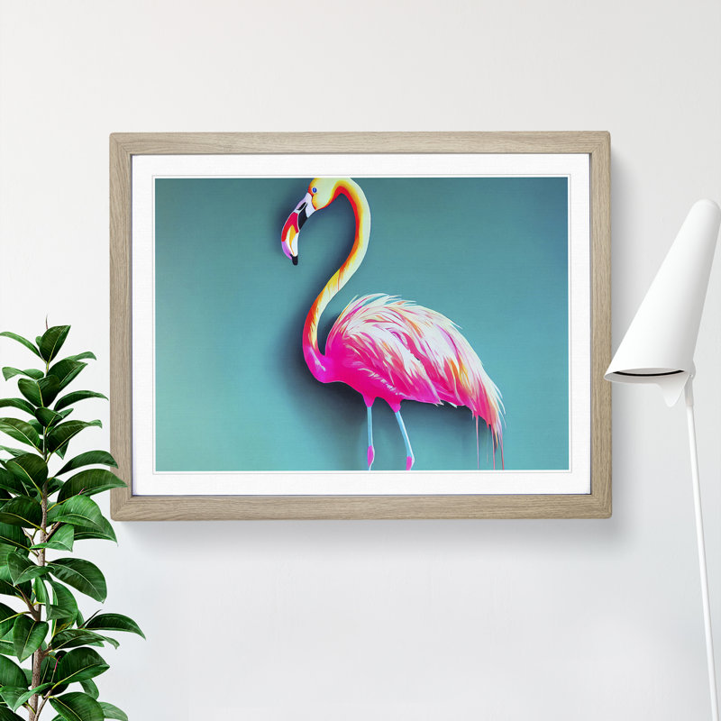 Magnetic Flamingo - Framed Print, 25cm H x 34cm W x 2cm D, Oak
