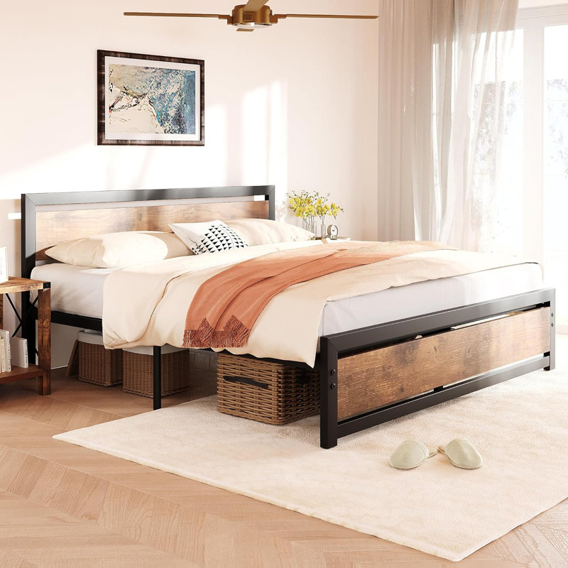 Bed Frame, Industrial Platform Bed With Headboard Footboard, Metal And Wooden Bed Frame, Heavy Duty Steel Slats Support, No Box Spring Needed Non-Slip Noise Free, Rustic Brown