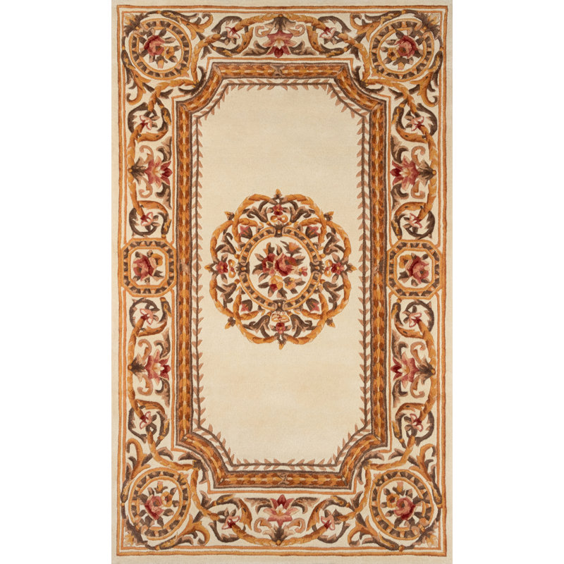Airell Floral Handmade Tufted Wool Ivory/Brown Area Rug, Rectangle 2' x 3'