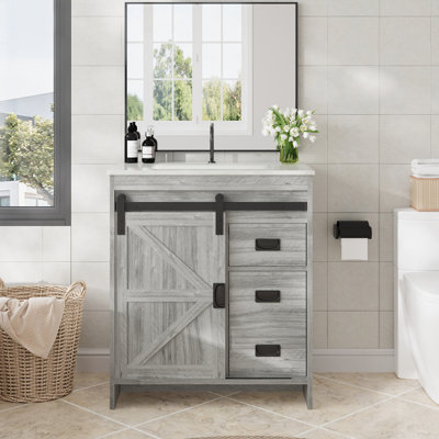 30" Farmhouse Single Bathroom Vanity With Ceramic Top, Sliding Barn Door Sink Vanity, Grey