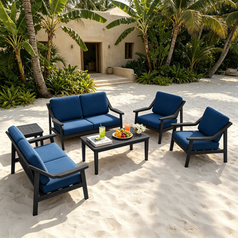 Ensemble de patio pour six personnes avec coussins et deux tables Marlo, Marine, Noir