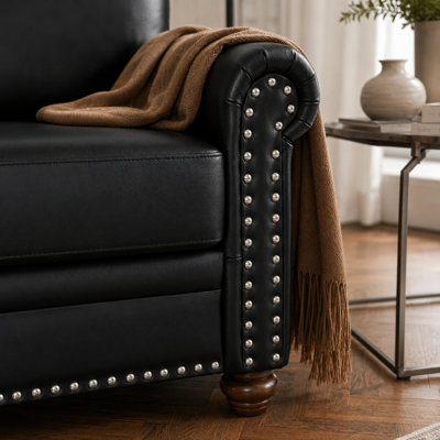 Fauteuil de détente - Fauteuil d'appoint en similicuir avec garniture cloutée et pieds en bois massif (noir)