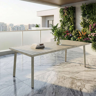 Table de salle à manger 82 "rectangulaire en aluminium avec trou pour parasol chêne gris