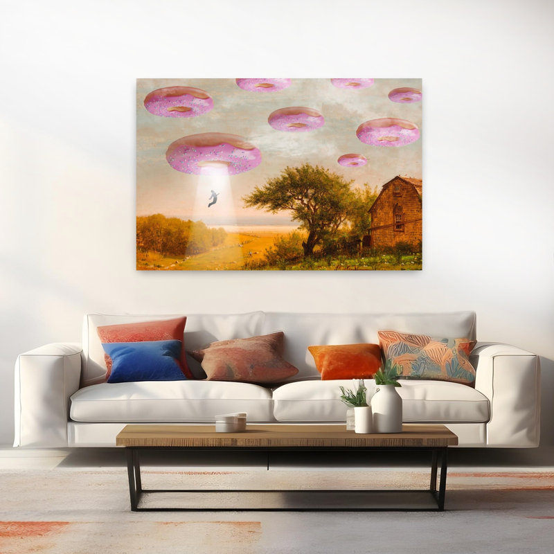 «Donut Invasion», art mural rétro surréel, paysage naturel, H 40 po x l 60 po