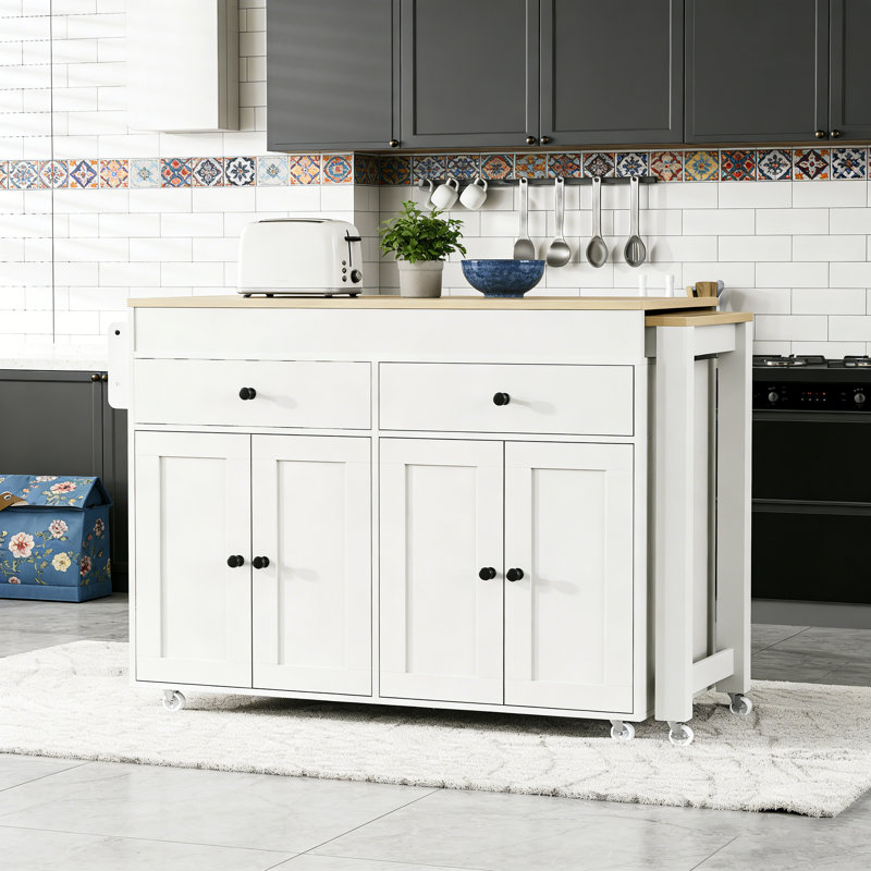 Îlot de cuisine de 74,5 pouces avec table de salle à manger extensible, rangement spacieux et roues verrouillables pour une utilisation flexible.