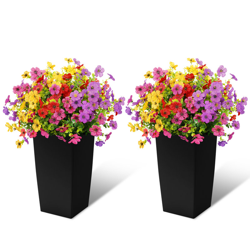 Artificial Flower Violet Multicolour Mix with Black Square Planter Fake Plant – Set of 2