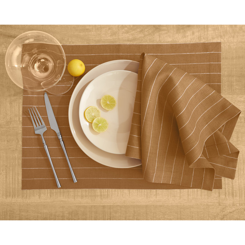 Pinstripe - 100% Pure Linen Dinner Napkins, Camel/White