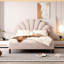 Lit plateforme tapissier beige avec tête de lit à motif floral - aucune fondation requise, surface de repos stable en velours ravissant-119524783-119524782