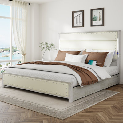 Upholstered Bed Frame With Headboard,Includes LED Lights and Charging Station(Optional Drawer Styles Available) by Ebern Designs