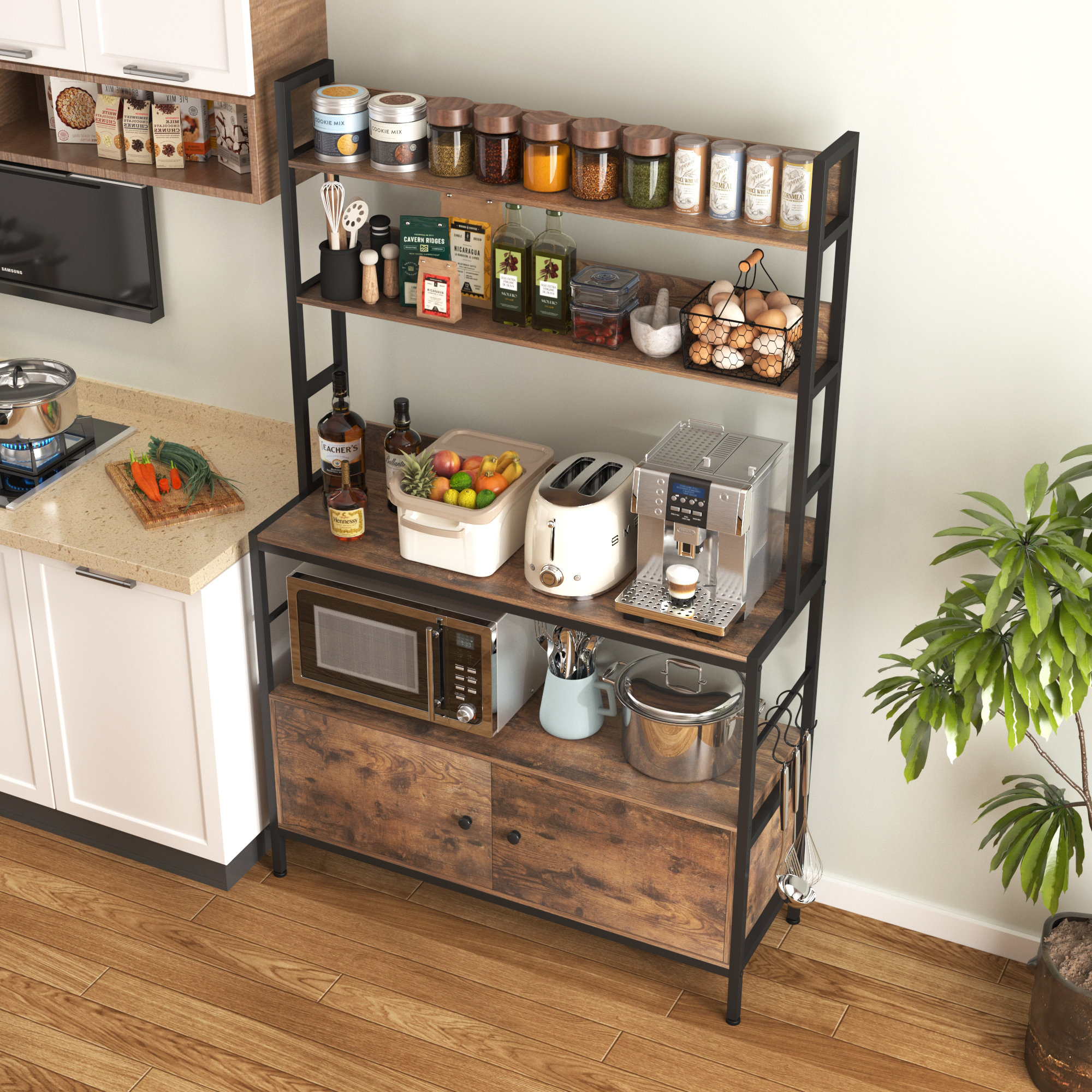 17 Stories Kitchen Bakers Rack With Storage Cabinet And Microwave ...
