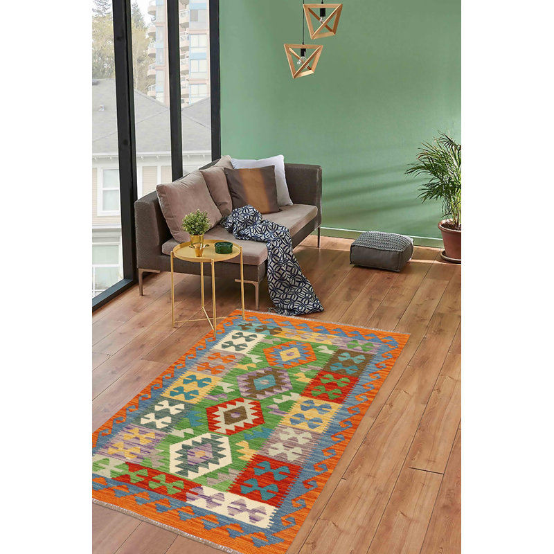 Tapis orange / bleu / jaune en laine à motif géométrique rectangulaire à tissage plat 3 pi 4 po x 4 pi 11 po Atmore