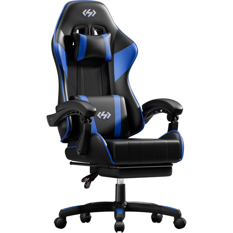 Metro Lane Adjustable Reclining Ergonomic Faux Leather Swiveling PC & Racing Game Chair with Footrest, Black/Blue