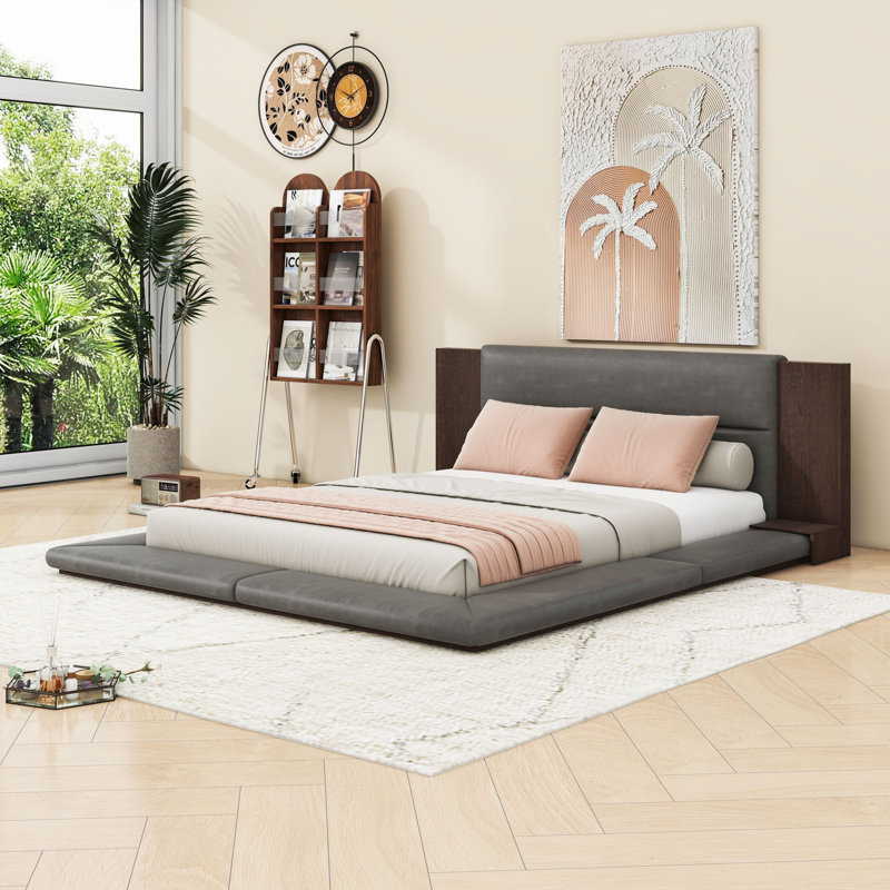 Wood Platform Bed with Extended Upholstered Headboard and Slats, Queen
