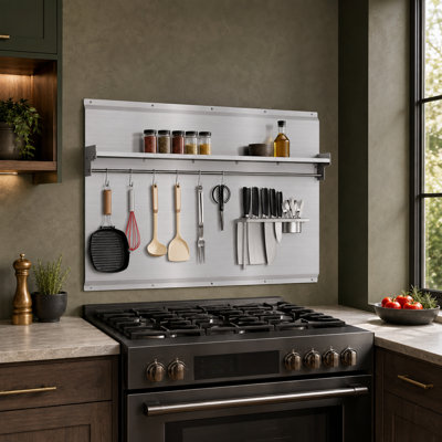 VENFAN 36-Inch Stainless Steel Stove Backsplash, 36" W × 29.5" H Range Backsplash with Compact Shelf, Utensil Rack and Knife Holder