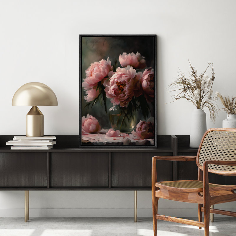 "Flower Blossom", aquarelle Moody, pivoines roses, impression sur toile encadrée, 2 pièces, Cadre flottant noir