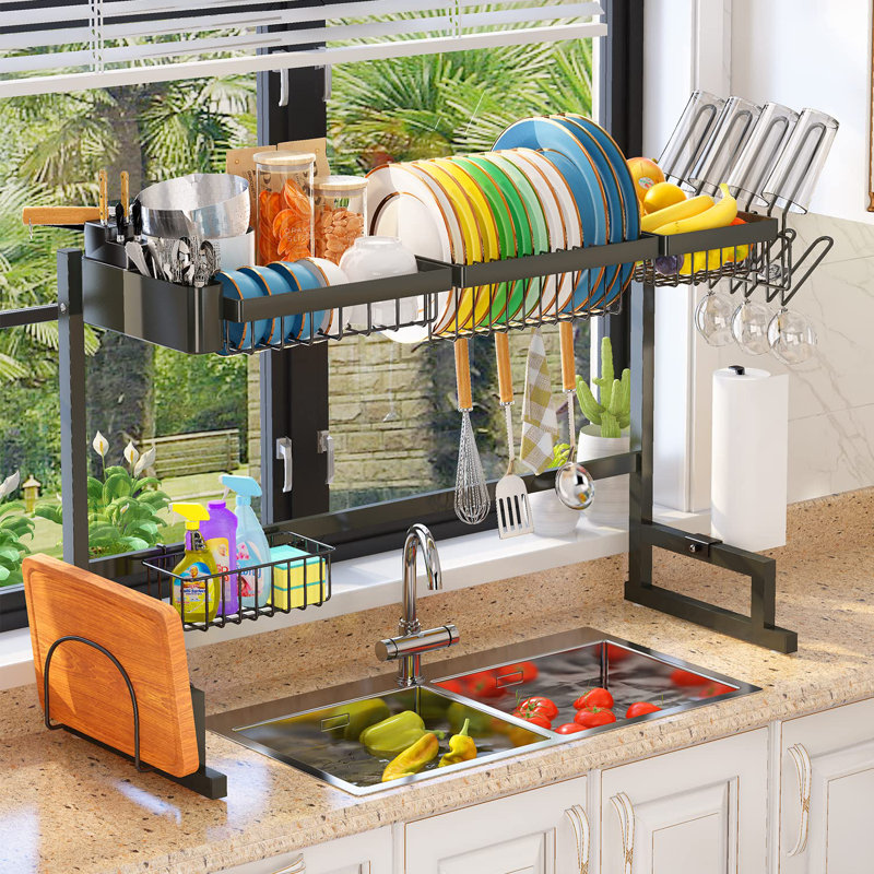 Over The Sink Drying Rack (Expandable Dimension) Snap-On Design 2 Tier Large Dish Rack Kitchen Count Organization and Storage