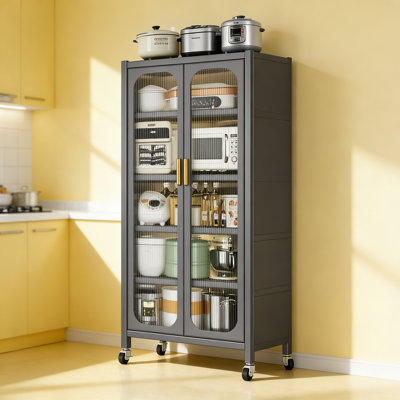 65" Kitchen Pantry Storage Cabinet with Transparent Door, 6 Tier Metal Display Storage Cabinet with Adjustable Shelves & Wheels by Latitude Run