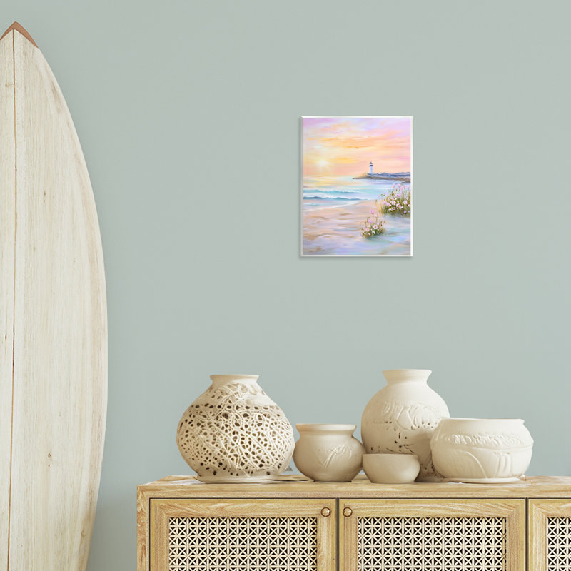 Chaleureuse lever de soleil avec plaque murale phare, design par Arlington Prints