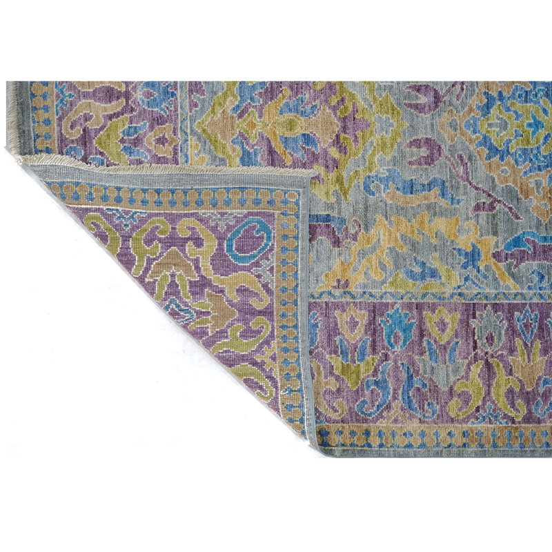 Hand Knotted Wool Area Rug in Gray And Purple