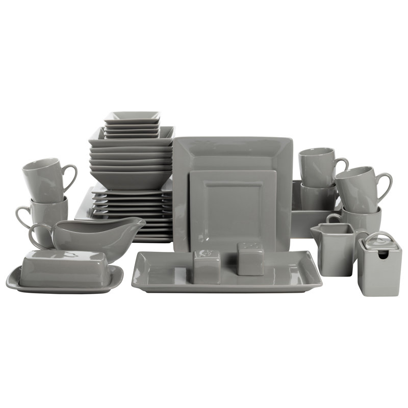 Nova Square Stoneware 38 Piece Dinnerware Set, Service for 6, Grey