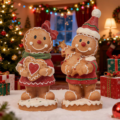 2 Piece Festive Gingerbread Couple Ornament Set with Heart Cookie and Star, Glittery Christmas Tabletop Decoration