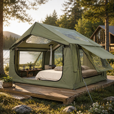 Inflatable Tent With Clear Skylight, 4-6 Person Waterproof Blow Up Tents, 4 Seasons For Camping & Hiking, Glamping With Pump &stove Jack,  Green