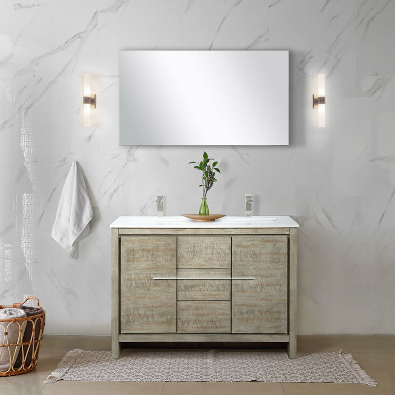 Lafarre 48" W x 20" D Double Vanity, Top, 43" Mirror & Faucet Set, Rustic Acacia, White Quartz