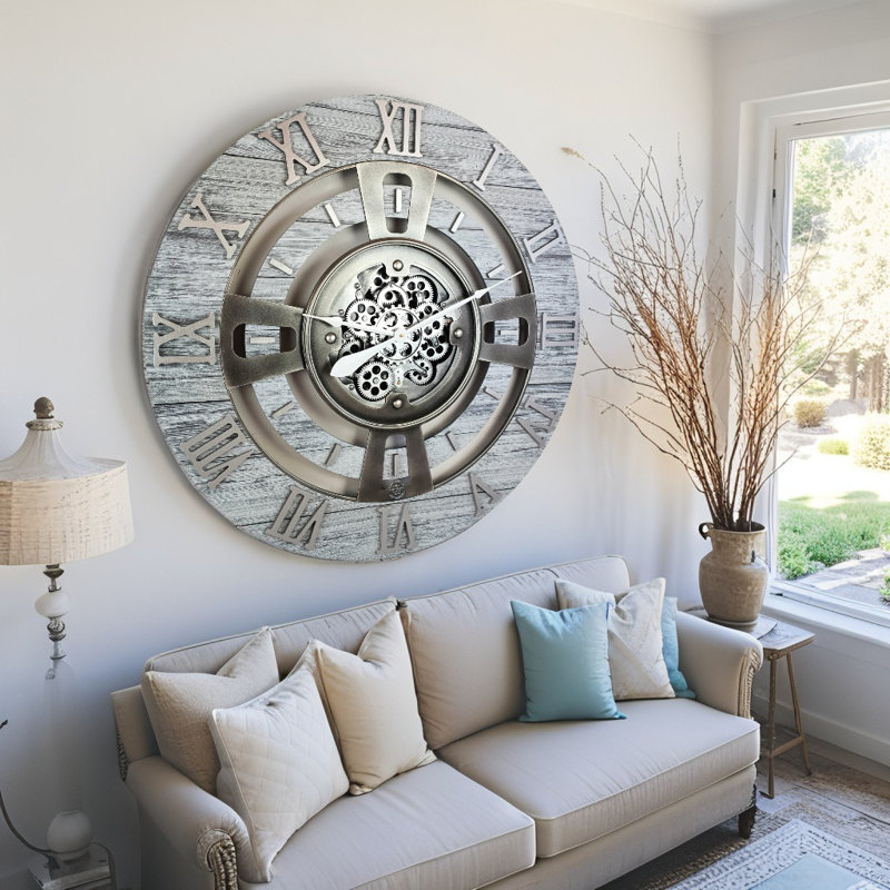 Solid Wood Wall Clock, Silver Grey, Oversize 91.4cm