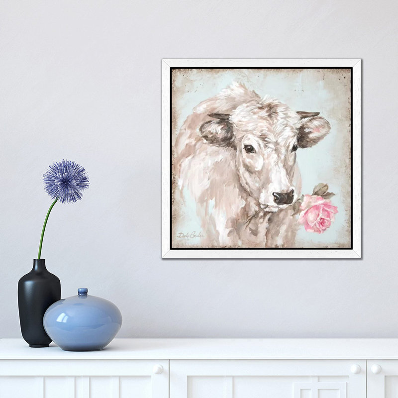 Cow With Rose II by Debi Coules - Floater Frame Painting on Canvas, 45.72 cm H x 45.72 cm W, White