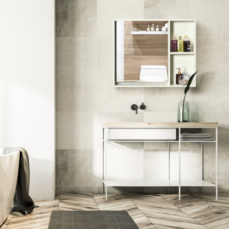 Armoire de salle de bain blanche à miroir de 6 po de profondeur avec tablettes de rangement pour accessoires de toilette 31,5 po x 25,5 po Essentials