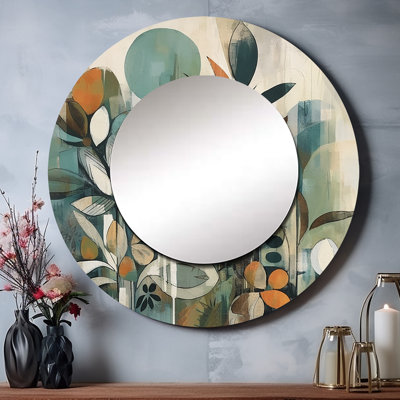 Omaya orange et vert abstrait Bohemia III - miroir plume Boho, miroir mural rond orange unique, impression sur métal