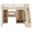 Lit mezzanine double avec escalier de rangement, coiffeuse encastrée avec miroir et tiroir, armoire et armoires, ports et lumières de chargement USB, beige