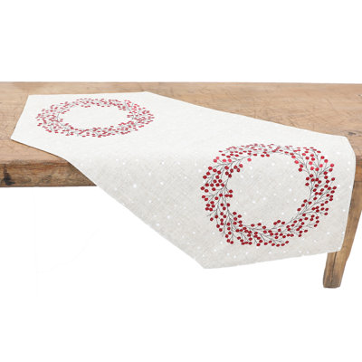 Isakson Holly Berry Wreath Embroidered Table Runner