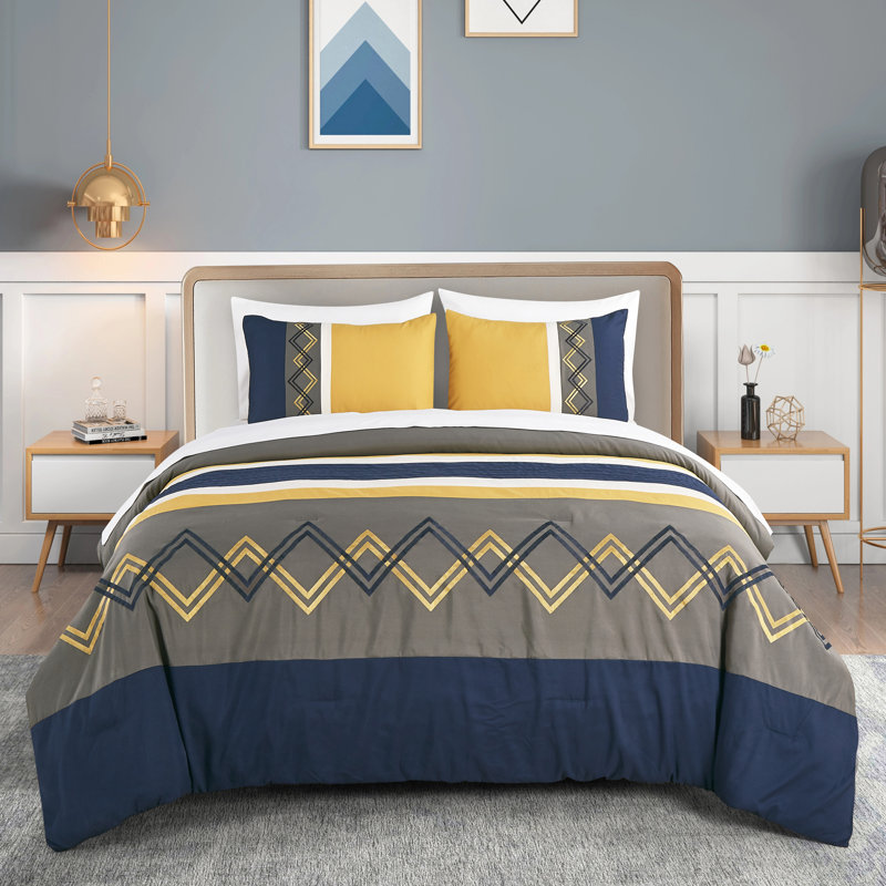 7-Piece Modern Pleated Stripe Embroidered Comforter Set with Sheets, Navy/Gray/Yellow, Queen Comforter + 6 Additional Pieces
