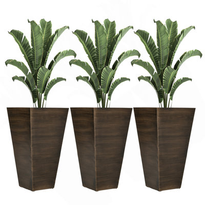 Jardinières de 28 po de hauteur Outsunny, ensemble de 3 grandes jardinières effilées avec trous de drainage et bouchon, pots à fleurs en plastique artificiel pour l'extérieur, l'intérieur, le jardin, le patio, brun