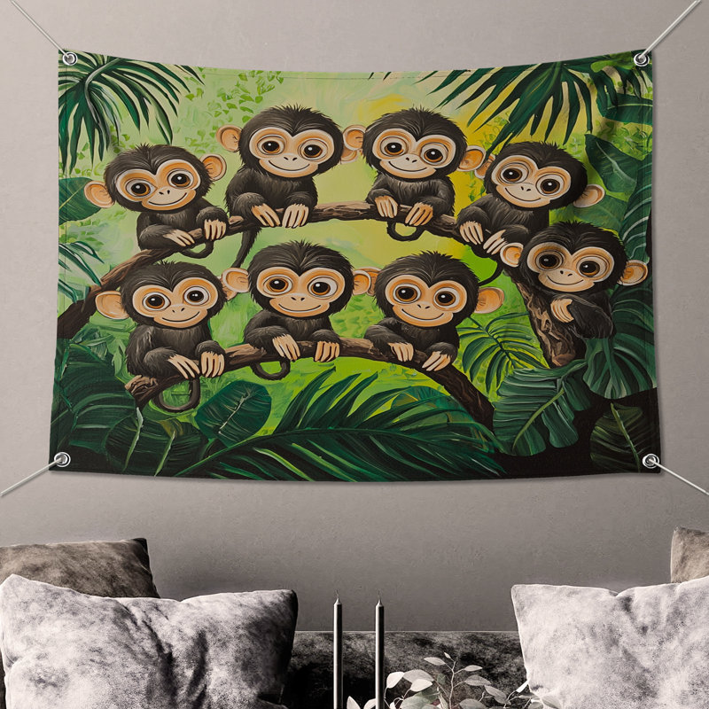 Tapisserie murale Monkeys - Décoration murale animaux, H 104 po x 88 avec 4 œillets