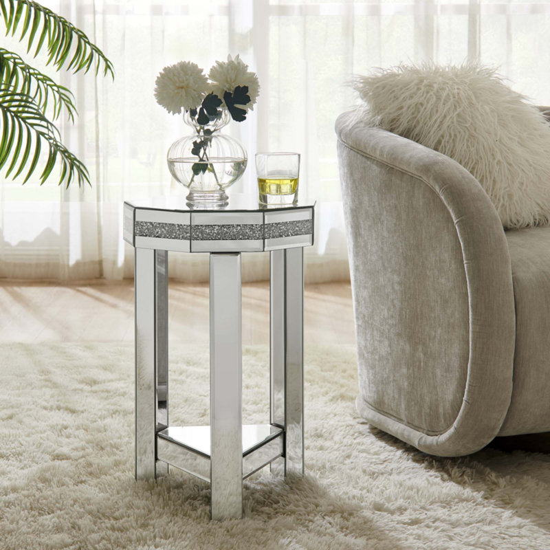 Table de bout miroitante octogonale avec incrustation de cristaux