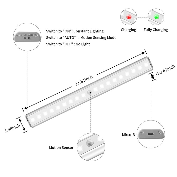 LEPOTEC 18ledsilvercoolwhite2packs 11.81Inch 18 LED Cool Wireless Rechargeable Motion Sensor Cabinet Light (Set of 2)