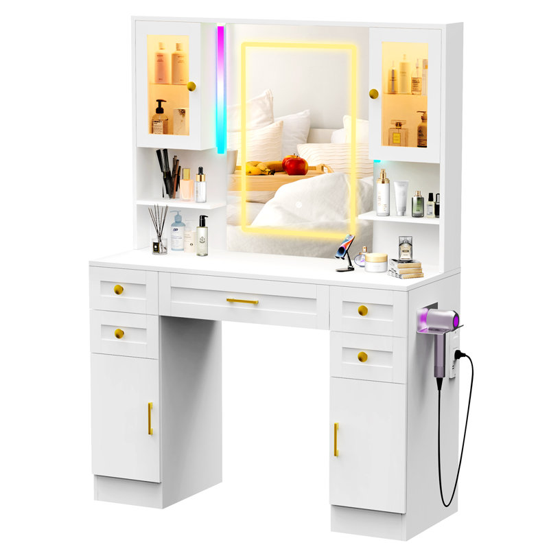 Maquillage avec 16 lumières RVB, grand bureau de meuble-lavabo avec miroir à écran tactile et prise de courant, 4 armoires et 5 tiroirs pour la chambre à coucher